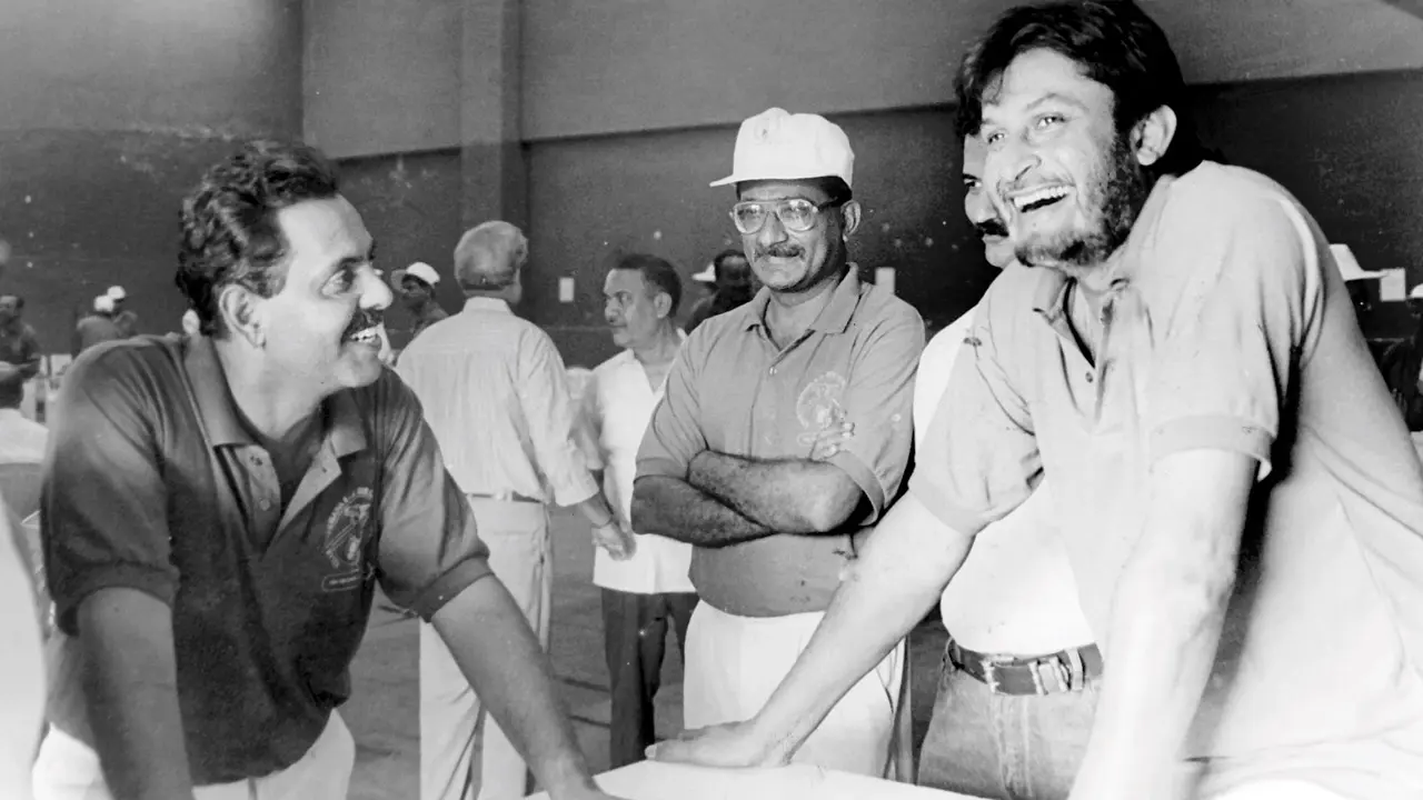Mid-Day Opinion: Kanga League’s inevitable times Yajurvindra Singh (extreme left), Ramesh Rajde, Kiran Mokashi (partly hidden), and Sandeep Patil share a joke during an Over-40 cricket tournament at Khar Gymkhana on October 29, 1995. All four cricketers were part of the 1986 Dr HD Kanga League held from July to October that year. FILE PIC/ASHISH RAJE